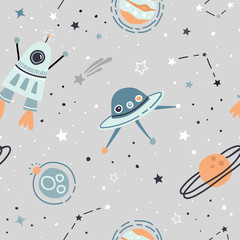 Seamless childish pattern with hand drawn space elements space, satellite, planet, rocket, black and white stars, space probe, constellations, meteorite. Trendy kids  light grey vector background.