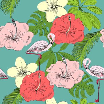 Tropical seamless vector pattern with flamingo and flowers.
