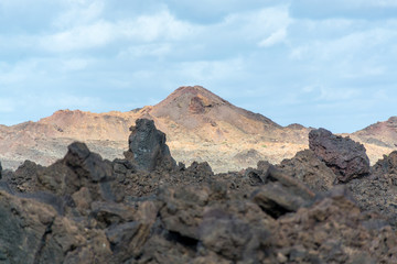 Views from guided tour Termesana route in Timanfaya national park, Lanzarote, Canary, Spain.