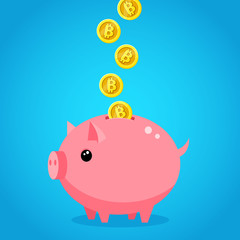 Hand putting bitcoin dollar into saving piggy bank