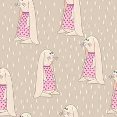 Vector hand drawn seamless pattern with cute bunnies