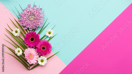 Happy Mother's Day, Women's Day, Valentine's Day or Birthday Pastel Candy Colors Background. Floral flat lay minimal concept.