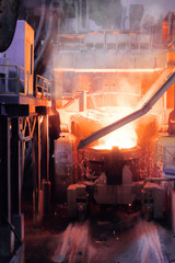 Close up of steel-making furnace in smelting steel plant.