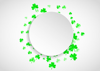 St patricks paper plate with shamrock. Lucky trefoil confetti. Glitter frame of clover leaves. Template for poster, gift certificate, banner. Merry st patricks paper plate backdrop.