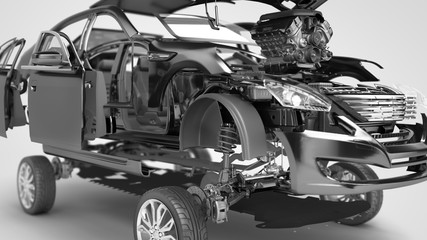 Details of the red car on a grey background 3D render © nosorogua