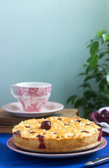 A traditional American or European cherry pie made of shortcake. Rustic style.