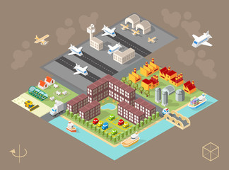 Set of Isolated Isometric Minimal City Elements . Town with Shadows on Dark Background
