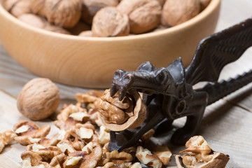 Walnuts on a rustic wooden table