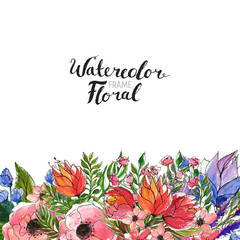 Watercolor Floral Background. Hand painted border of flowers for invitations and greeting cards. Frame isolated on white and brush lettering. Spring blossom