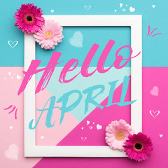 Welcome Spring Themed Pastel Coloured Background. Spring time floral flat lay minimalism greeting card.