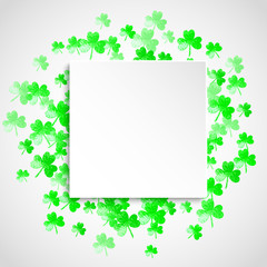 St patricks paper plate with shamrock. Lucky trefoil confetti. Glitter frame of clover leaves. Template for voucher, special business ad, banner. Merry st patricks paper plate backdrop.