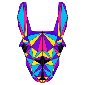 Abstract polygonal llama portrait. Funny low poly llama head isolated on white for card, veterinarian clinic placard, modern party invitation, book, poster, bag print, t shirt etc.