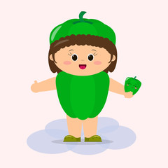 A cute kid in a green pepper suit is holding a vegetable in his hands.