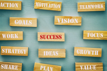 Business concept of success words over wooden blocks.