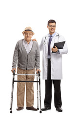 Elderly patient with a walker and a doctor