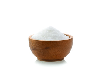 Fototapeta na wymiar sugar in wood bowl on white background