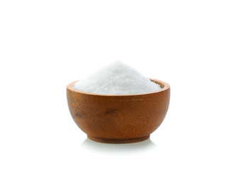 sugar in wood bowl on white background