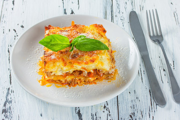 traditional lasagna with minced beef bolognese sauce