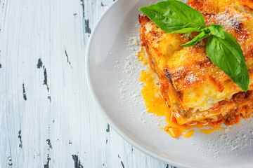 traditional lasagna with minced beef bolognese sauce