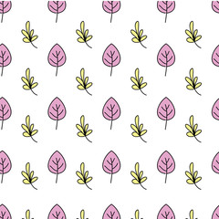 Beautiful floral pattern: pink and yellow leaves on a white background. Lovely pastel texture, option for textiles, fabrics.