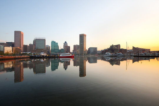 Downtown City Skyline And Inner Harbor At Dawn, Baltimore, Maryland, USA