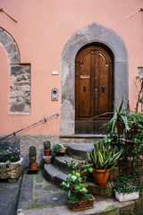 Fototapeta na wymiar Beautiful plants in pots surround ancient doorway with stone stairs in medieval town, Tuscany, Italy. Picturesque travel postcard.