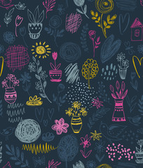 Seamless pattern with hand drawn floral nature motif and spring elements