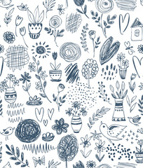 Seamless pattern with hand drawn floral nature motif and spring elements