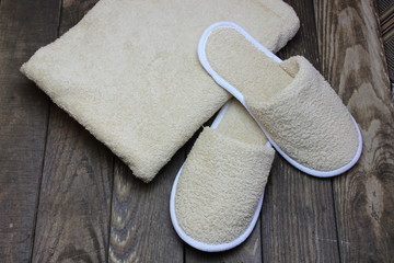 Bath slippers and bathrobe