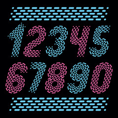 Vector numbers, modern numerals set. Rounded bold italic retro numeration from 0 to 9 can be used for logo creation. Made using rhythmic strokes and dashed lines.
