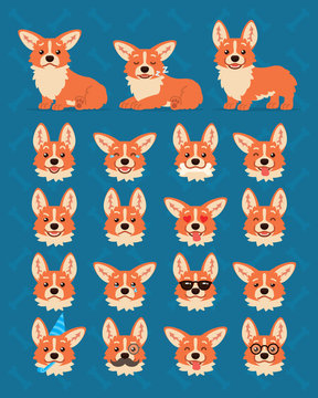 Cute Welsh Corgi constructor. Vector illustration of Corgi dog in different poses and its head shows various emotions in flat cartoon style on blue background. Smiley. Emoticon set.