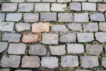 Granite cobblestoned pavement background. Abstract background of old cobblestone