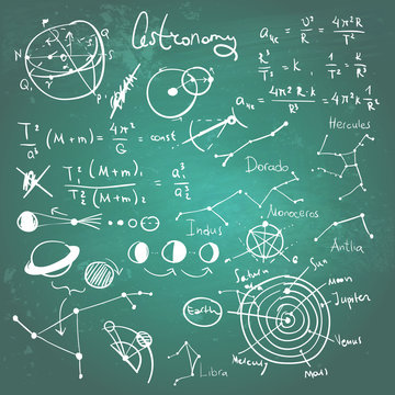 Astronomic drawings on a chalkboard