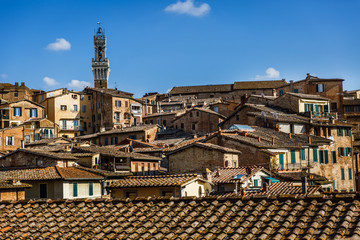 Scenic panorama of Siena old city center on bright autumn day, Tuscany, Italy. Scenery of beautiful ancient medieval town. Picturesque italian cityscape travel destination postcard.