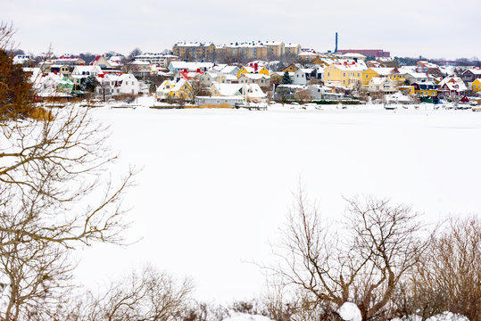 Cityscape of the island Lango, Karlskrona in Sweden, as seen from the southeast on a wintry day.