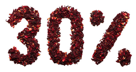 30 percent of hibiscus tea on a white background isolated.