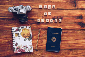 Time to travel words made from wooden letters. Travel concept
