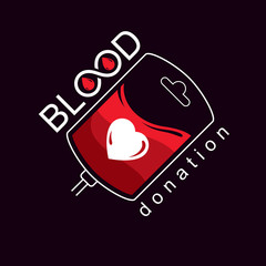 Vector illustration of blood bag prepared for blood donation. Charity and volunteer conceptual logo.