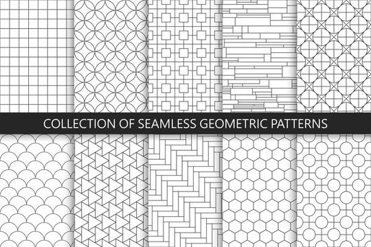 Collection of seamless geometric patterns. Simple vector backgrounds. Countur striped gray design