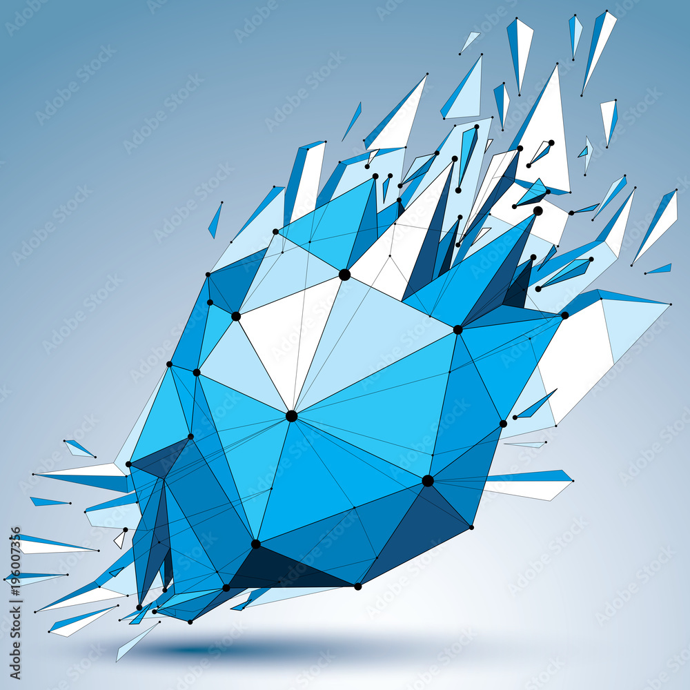 Poster vector dimensional wireframe blue object with dotted lines, spherical demolished shape with fracture