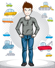 Beautiful happy young teenager boy posing in stylish casual clothes. Vector attractive kid illustration. Fashion theme clipart.