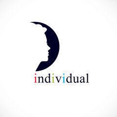 Individuality concept vector logo or icon, woman face profile over dark circle, vector design.