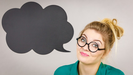 Confident rude business woman with thinking bubble