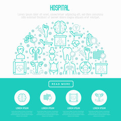Hospital concept in half circle with thin line icons for doctor's notation: neurologist, gastroenterologist, manual therapy, ophtalmologist, cardiology, allergist, dermatologist. Vector illustration.