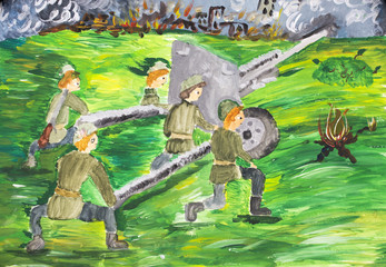 .Children's drawing about the war, soldiers, gun