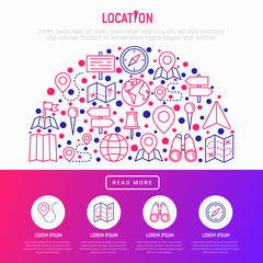 Location concept in half circle with thin line icons: pin, pointer, direction, route, compass, wall needle, cursor, navigation, gps, binoculars. Modern vector illustration for web page, print media.