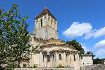Fototapeta na wymiar The beautiful 12th century church of St Hilaire in Melle, France. Saint-Hilaire Church is also a UNESCO World Heritage Site since 1998, and a stage of the Santiago de Compostela Trail.