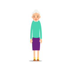 Old woman. Elderly woman stand. Illustration isolated on white background in flat style. Full length portrait of old ladie, senior or grandmother