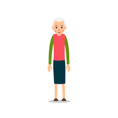 Old woman. Elderly woman stand. Illustration isolated on white background in flat style. Full length portrait of old ladie, senior or grandmother