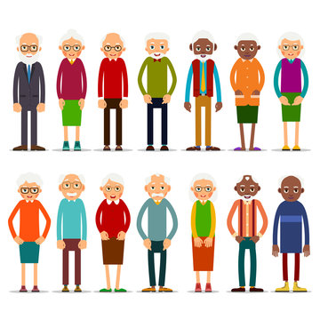 Set of diverse elderly people with avatars isolated on white background. Aged people caucasian and african. Elderly men and women. Illustration in flat style